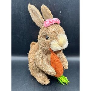 Natural Sisal Straw Easter Bunny Figurine Floral Crown and Carrot 8" Spring